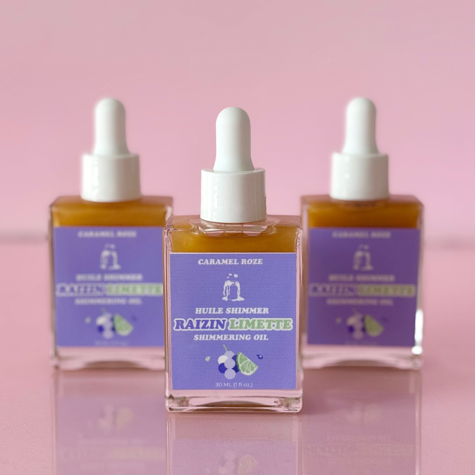 HUILE SHIMMER ✨ TEINTE DORÉE ✨LIMETTE RAIZIN 🍋‍🟩🍇 30 ml.