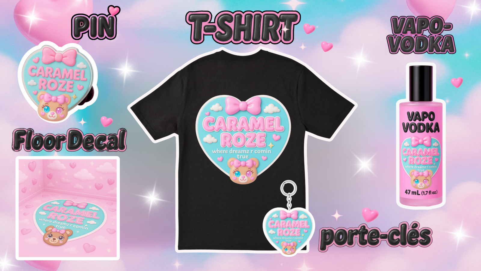 *prévente* PORTE-CLÉS  🖤🎀🩵 DESIGN CARAMEL ROZE 2025 🖤🎀🩵