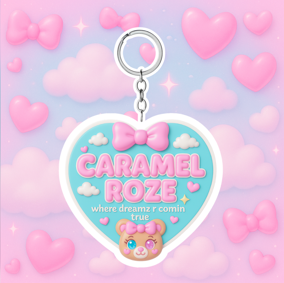 *prévente* PORTE-CLÉS  🖤🎀🩵 DESIGN CARAMEL ROZE 2025 🖤🎀🩵